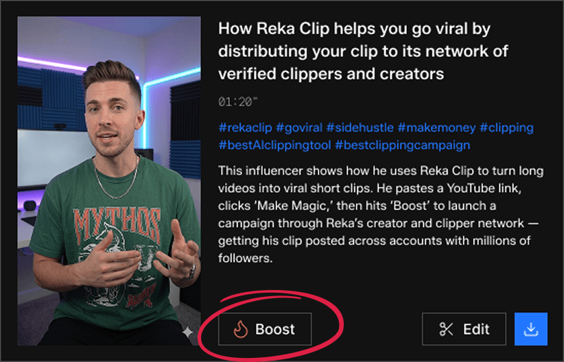 Select a generated clip to boost