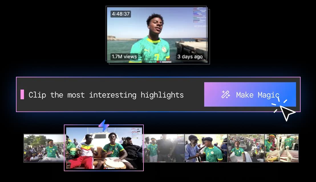 Reka Clip AI highlight detection and clip generation interface